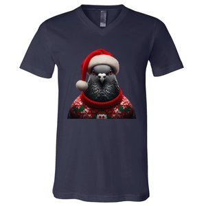 Pigeon With Santa Hat Christmas Xmas Bird Lover Owner Funny V-Neck T-Shirt