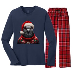 Pigeon With Santa Hat Christmas Xmas Bird Lover Owner Funny Women's Long Sleeve Flannel Pajama Set 