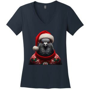 Pigeon With Santa Hat Christmas Xmas Bird Lover Owner Funny Women's V-Neck T-Shirt