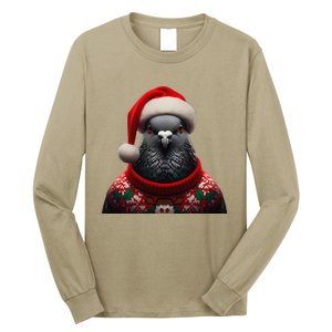 Pigeon With Santa Hat Christmas Xmas Bird Lover Owner Funny Long Sleeve Shirt