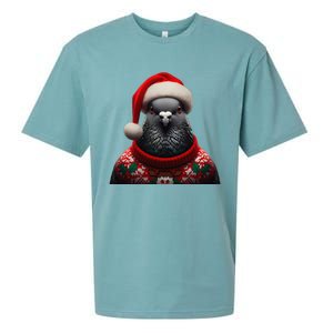 Pigeon With Santa Hat Christmas Xmas Bird Lover Owner Funny Sueded Cloud Jersey T-Shirt