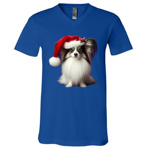 Papillion With Santa Hat Christmas Xmas Dog Owner Mom Dad Funny Gift V-Neck T-Shirt