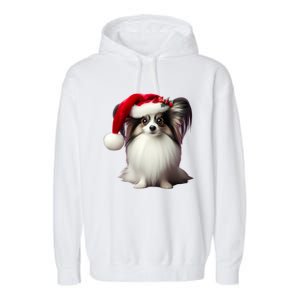 Papillion With Santa Hat Christmas Xmas Dog Owner Mom Dad Funny Gift Garment-Dyed Fleece Hoodie