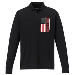 Patriotic Winter Ski Skiing Skier Dad American Flag Gift Performance Long Sleeve Polo