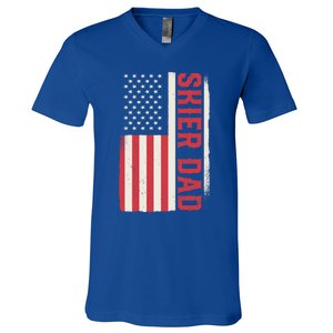 Patriotic Winter Ski Skiing Skier Dad American Flag Gift V-Neck T-Shirt