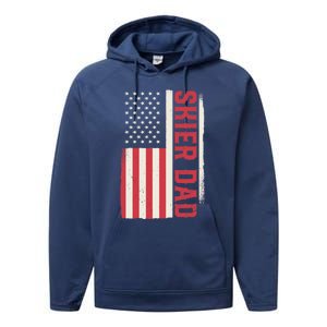 Patriotic Winter Ski Skiing Skier Dad American Flag Gift Performance Fleece Hoodie