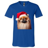 Pekingese With Santa Hat Christmas Dog Owner Lover Xmas Mom Gift V-Neck T-Shirt