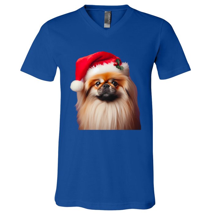 Pekingese With Santa Hat Christmas Dog Owner Lover Xmas Mom Gift V-Neck T-Shirt