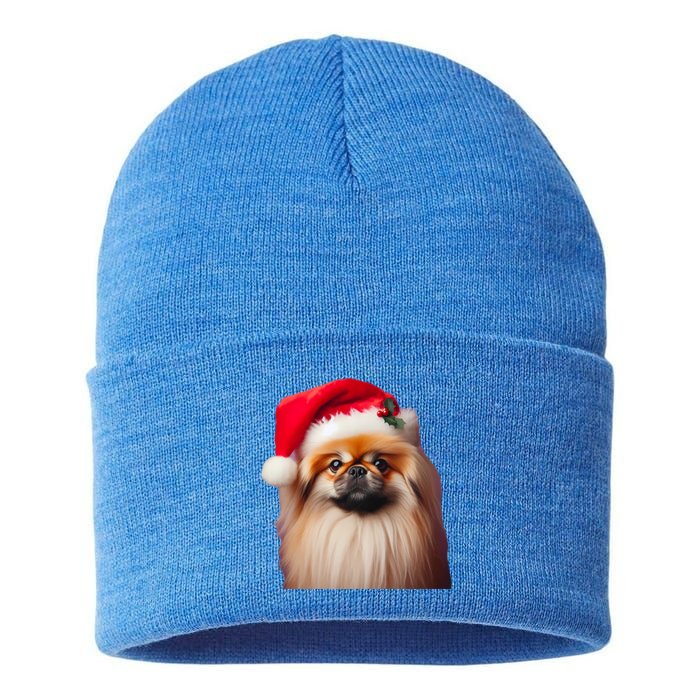 Pekingese With Santa Hat Christmas Dog Owner Lover Xmas Mom Gift Sustainable Knit Beanie