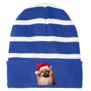 Pekingese With Santa Hat Christmas Dog Owner Lover Xmas Mom Gift Striped Beanie with Solid Band