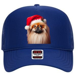 Pekingese With Santa Hat Christmas Dog Owner Lover Xmas Mom Gift High Crown Mesh Back Trucker Hat