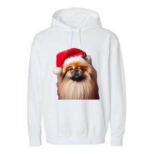 Pekingese With Santa Hat Christmas Dog Owner Lover Xmas Mom Gift Garment-Dyed Fleece Hoodie