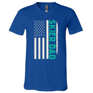 Patriotic Winter Ski Skiing Skier Dad American Flag Gift V-Neck T-Shirt