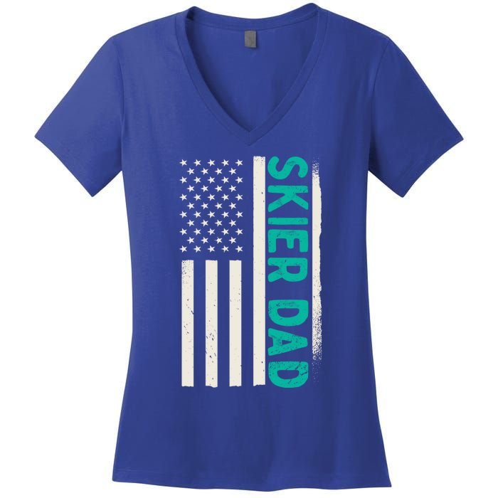 Patriotic Winter Ski Skiing Skier Dad American Flag Gift Women's V-Neck T-Shirt