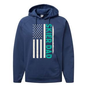 Patriotic Winter Ski Skiing Skier Dad American Flag Gift Performance Fleece Hoodie