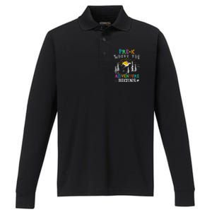 PreK Where The Adventure Begins Back To School Teachers Performance Long Sleeve Polo