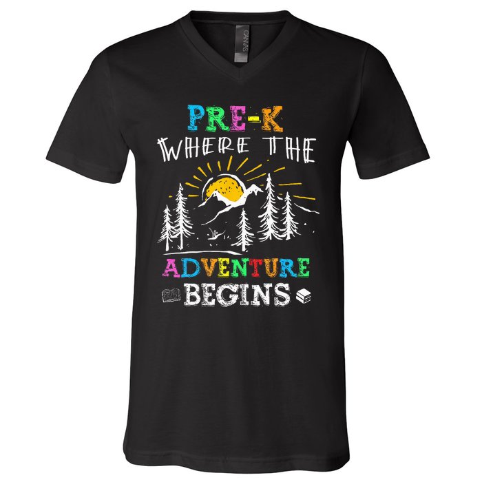 PreK Where The Adventure Begins Back To School Teachers V-Neck T-Shirt