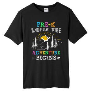 PreK Where The Adventure Begins Back To School Teachers Tall Fusion ChromaSoft Performance T-Shirt