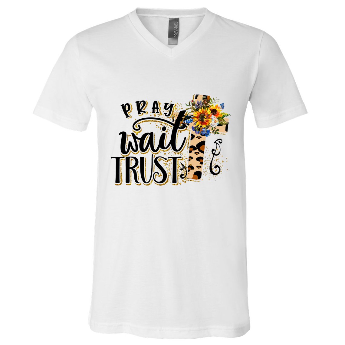 Pray Wait Trust Christian Faith Jesus God Lover Leopard Gift V-Neck T-Shirt