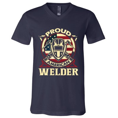 Proud Welder US American Flag Pipefitter Retro Welding Gift V-Neck T-Shirt