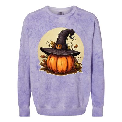 Pumpkin Wearing Witch Hat Halloween Theme Fall Leaves Colorblast Crewneck Sweatshirt