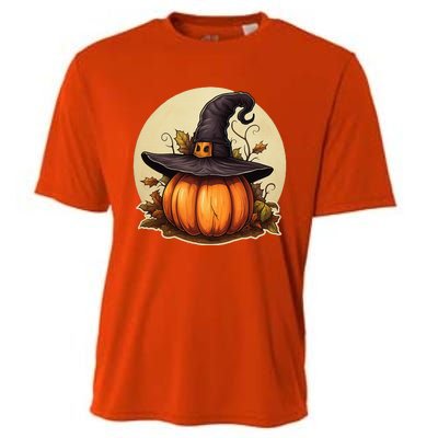 Pumpkin Wearing Witch Hat Halloween Theme Fall Leaves Cooling Performance Crew T-Shirt