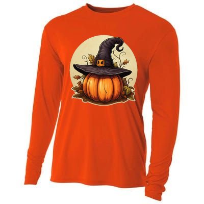 Pumpkin Wearing Witch Hat Halloween Theme Fall Leaves Cooling Performance Long Sleeve Crew