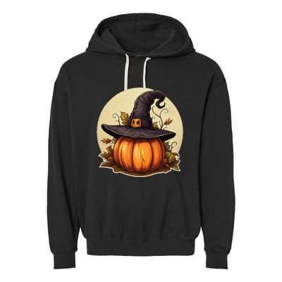 Pumpkin Wearing Witch Hat Halloween Theme Fall Leaves Garment-Dyed Fleece Hoodie