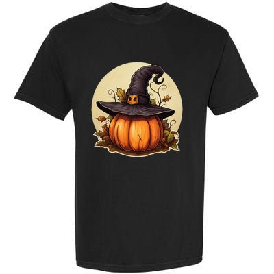 Pumpkin Wearing Witch Hat Halloween Theme Fall Leaves Garment-Dyed Heavyweight T-Shirt