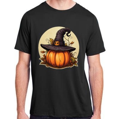 Pumpkin Wearing Witch Hat Halloween Theme Fall Leaves Adult ChromaSoft Performance T-Shirt