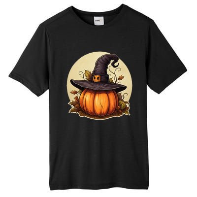 Pumpkin Wearing Witch Hat Halloween Theme Fall Leaves Tall Fusion ChromaSoft Performance T-Shirt