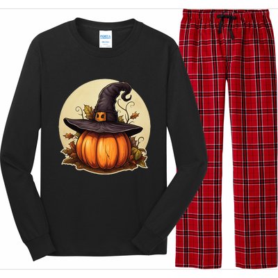 Pumpkin Wearing Witch Hat Halloween Theme Fall Leaves Long Sleeve Pajama Set