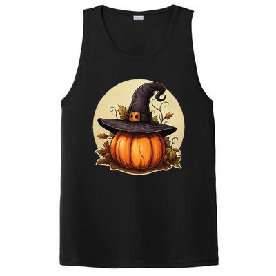 Pumpkin Wearing Witch Hat Halloween Theme Fall Leaves PosiCharge Competitor Tank