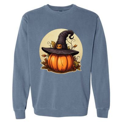 Pumpkin Wearing Witch Hat Halloween Theme Fall Leaves Garment-Dyed Sweatshirt