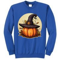 Pumpkin Wearing Witch Hat Halloween Theme Fall Leaves Sweatshirt