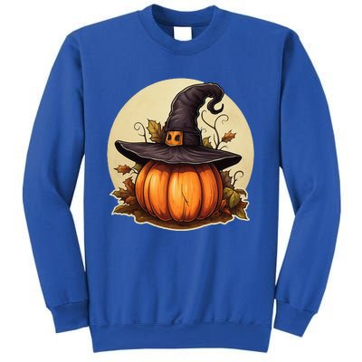 Pumpkin Wearing Witch Hat Halloween Theme Fall Leaves Sweatshirt