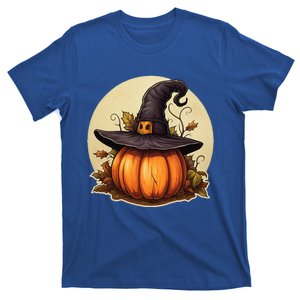 Pumpkin Wearing Witch Hat Halloween Theme Fall Leaves T-Shirt