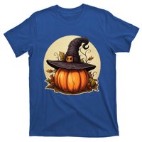 Pumpkin Wearing Witch Hat Halloween Theme Fall Leaves T-Shirt