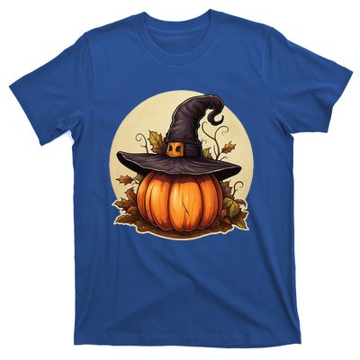 Pumpkin Wearing Witch Hat Halloween Theme Fall Leaves T-Shirt