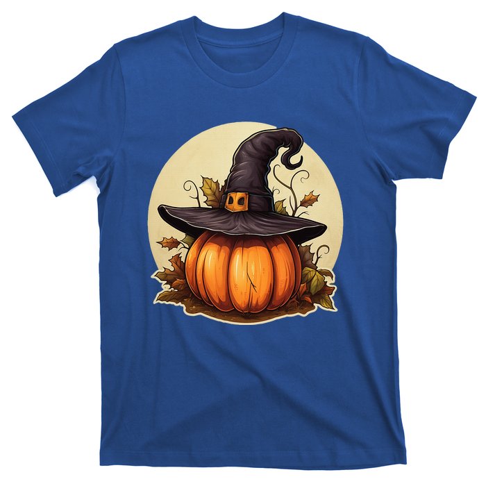 Pumpkin Wearing Witch Hat Halloween Theme Fall Leaves T-Shirt