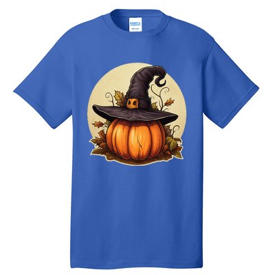 Pumpkin Wearing Witch Hat Halloween Theme Fall Leaves Tall T-Shirt