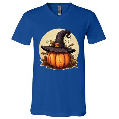 Pumpkin Wearing Witch Hat Halloween Theme Fall Leaves V-Neck T-Shirt