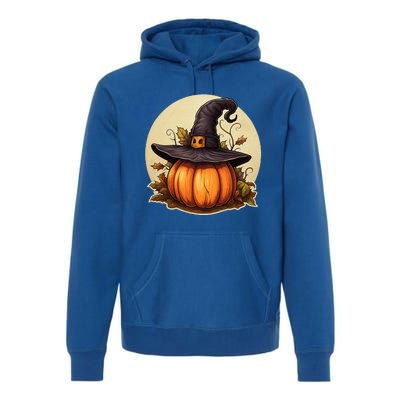 Pumpkin Wearing Witch Hat Halloween Theme Fall Leaves Premium Hoodie