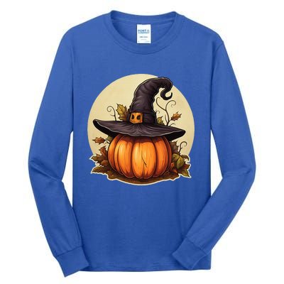 Pumpkin Wearing Witch Hat Halloween Theme Fall Leaves Tall Long Sleeve T-Shirt