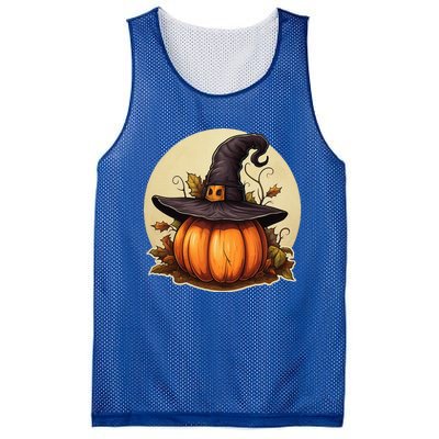 Pumpkin Wearing Witch Hat Halloween Theme Fall Leaves Mesh Reversible Basketball Jersey Tank