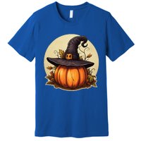 Pumpkin Wearing Witch Hat Halloween Theme Fall Leaves Premium T-Shirt