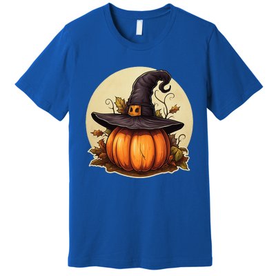 Pumpkin Wearing Witch Hat Halloween Theme Fall Leaves Premium T-Shirt