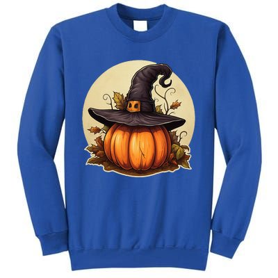 Pumpkin Wearing Witch Hat Halloween Theme Fall Leaves Tall Sweatshirt