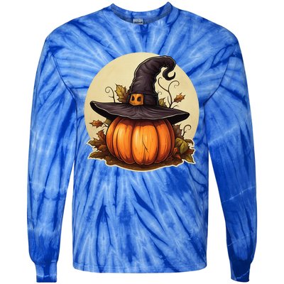 Pumpkin Wearing Witch Hat Halloween Theme Fall Leaves Tie-Dye Long Sleeve Shirt