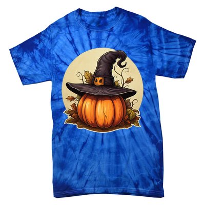 Pumpkin Wearing Witch Hat Halloween Theme Fall Leaves Tie-Dye T-Shirt